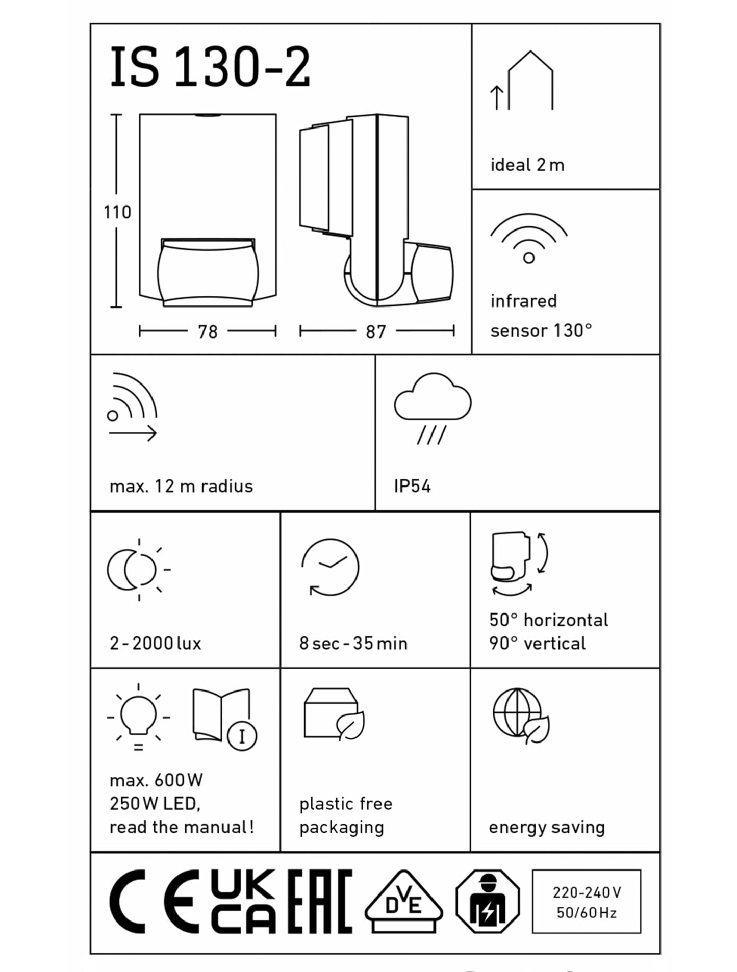 Steinel IS 130-2 black - 130° passive infrared motion detector, max. 12m reach, motion sensor for indoor and outdoor use