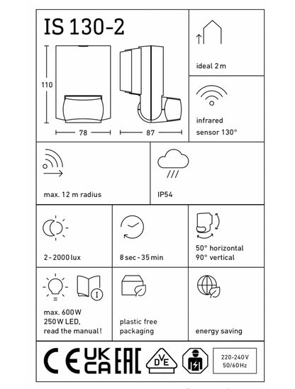 Steinel IS 130-2 black - 130° passive infrared motion detector, max. 12m reach, motion sensor for indoor and outdoor use