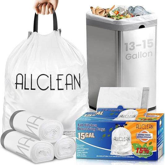 Trash Bags 15 Gallon Tall Kitchen Drawstring Garbage Bags, Fit 13-15 Gal Bins