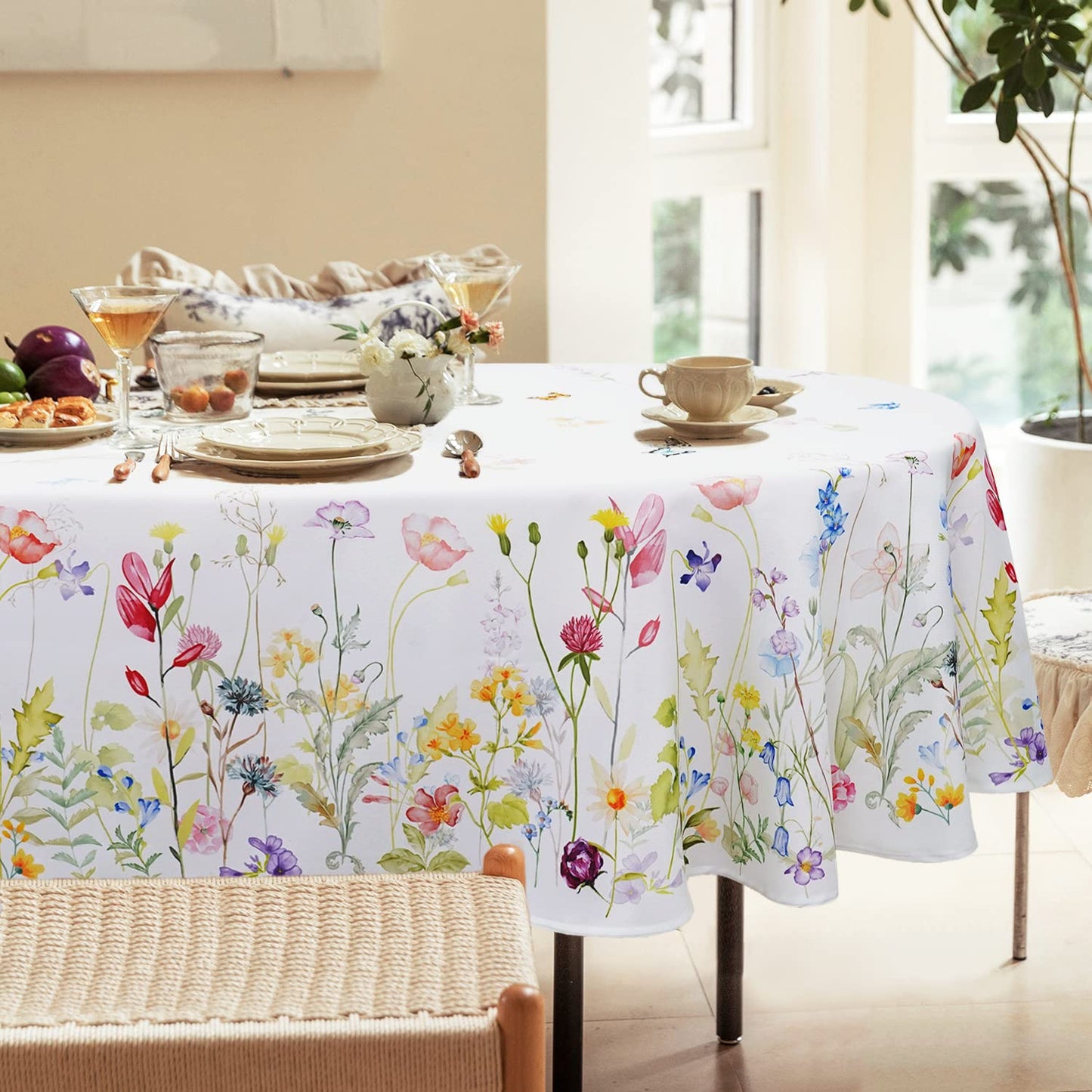 Bnejvif Spring Floral Oval Tablecloth - Waterproof Wrinkle Free Durable Fabric for Spring Summer Tables, Flower Print 54 X 72 Inch