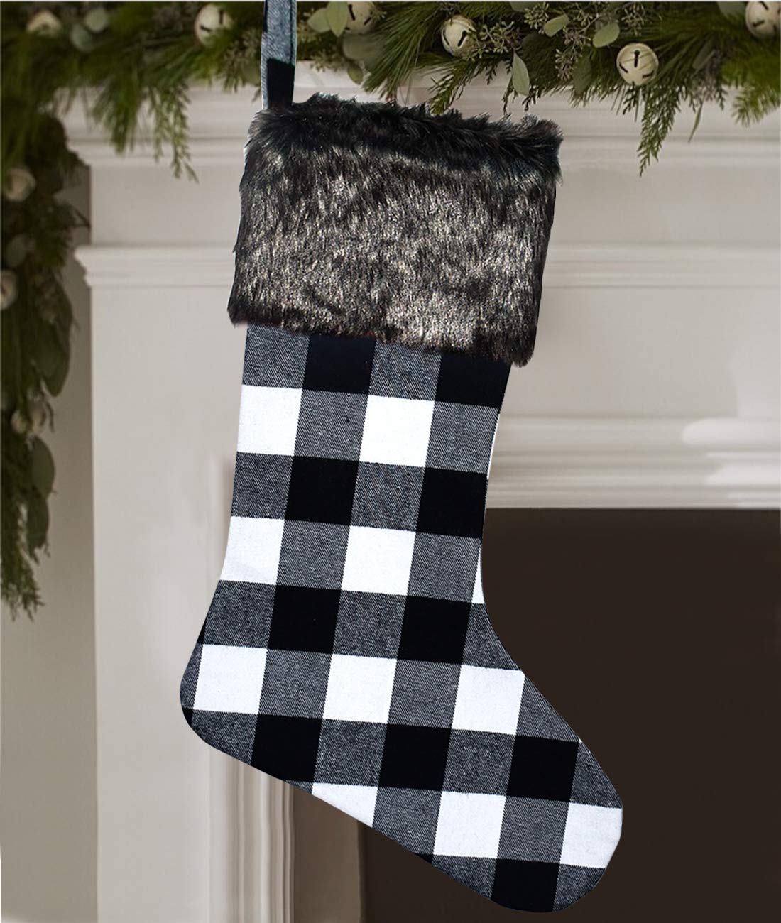 Senneny Christmas Stockings- 4 Pack 18" Black White Buffalo Plaid Christmas Stockings with Plush Faux Fur Cuff, Classic Large Christmas Stockings Decorations for Family Christmas Holiday Party Decor