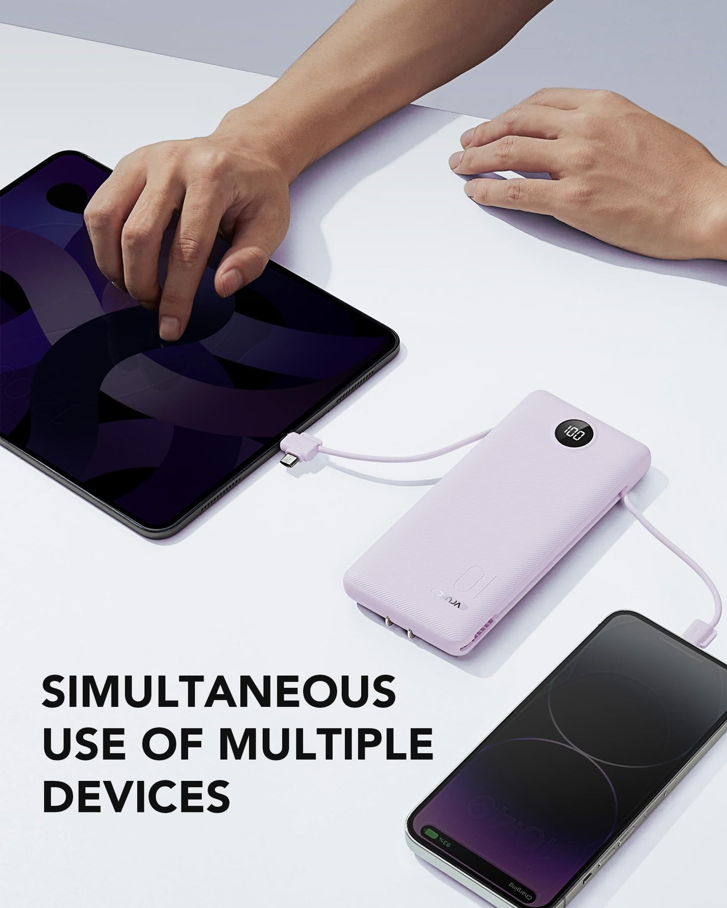 VRURC Portable Charger Built-in Cables and AC Wall Plug, USB C Power Bank 10000mAh, Travel Essentials Phone Charger Compact Lightweight External Battery Pack for Smart Phones, Tablets etc-Pink