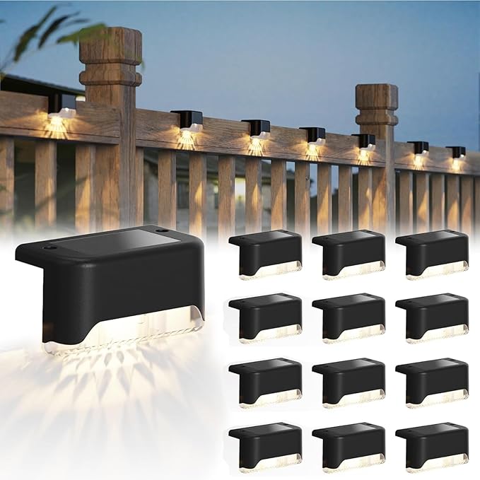 JACKYLED Solar Deck Lights 12 Pack Solar Fence Light Solar Powered Outdoor Step Light IP65 Waterproof LED Pathway Light for Deck Fence Railing Garden Patio StairYard, Black
