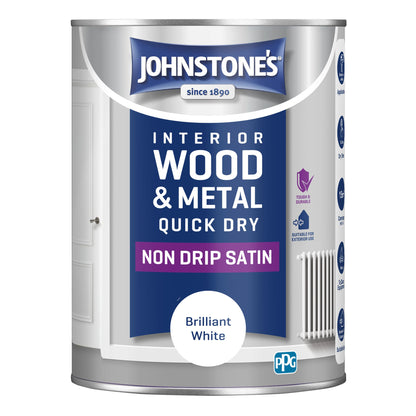 Johnstone's - Wood & Metal Paint - Satin Finish - Brilliant White - 1.25L - Water Based - Non Drip & Quick Drying - Radiator Paint - Low Odour - Dry in 1-2 Hours - 8m2 Coverage per Litre