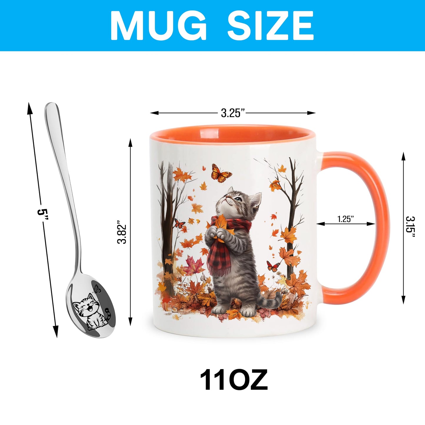 Hyturtle Fall Cat Maple Leaves Coffee Mug with Spoon, Birthday Gifts For Cat Lovers, Fall Autumn Decor Gifts For Farmhouse Thanksgiving, Cute Autumn Mug, 11oz Two Tone White Ceramic Coffee Tea Cup