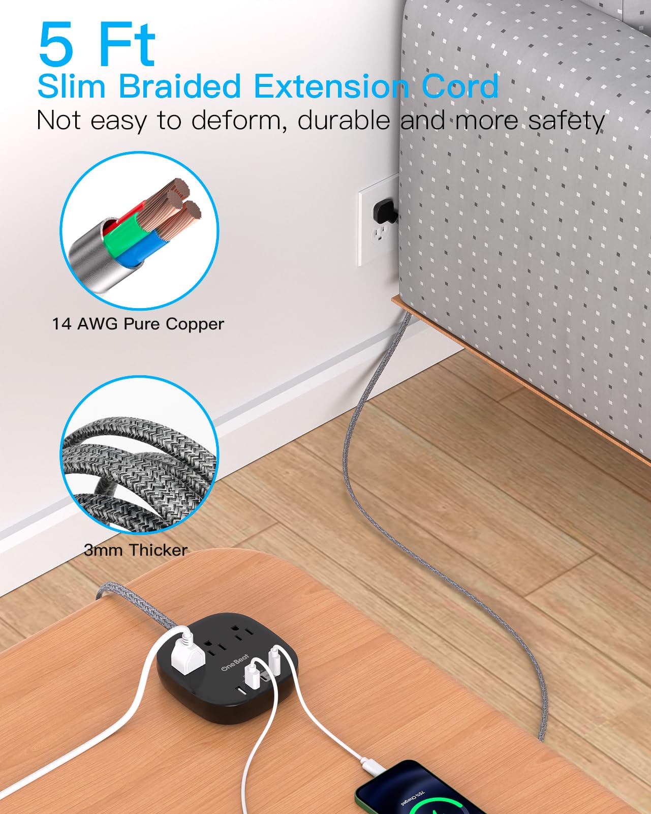Flat Plug Power Strip, 6ft Ultra Flat Extension Cord - 3 Outlets 4 USB Ports (2 USB C) 22.5W/4.5A Desktop Charging Station, Power Strip No Surge Protection for Cruise Ship, Dorm Room Travel Essentials