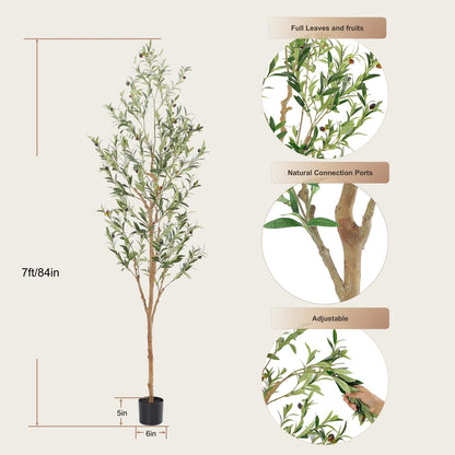 Bellacat Faux Olive Tree 7ft，Olive Trees Artificial Indoor with Natural Wood Trunk and Realistic Leaves and Fruits. 7 Feet(84in) Fake Olive Tree for Home House Office Décor.