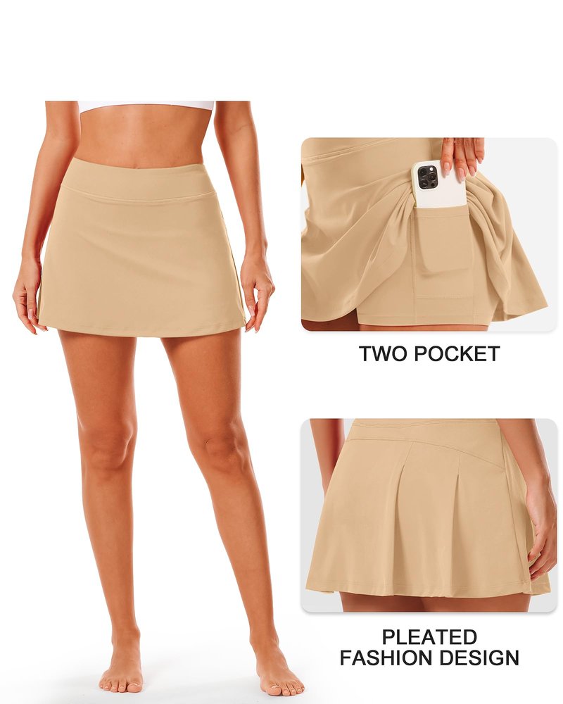 Stelle Women Tennis Skirt Golf Skorts Athletic High Waisted with Pockets Inner Shorts Sport Workout Pleated Pickleball (Khaki,S)