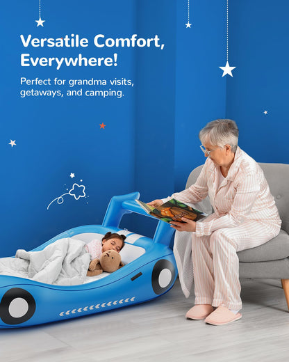 QPAU Inflatable Toddler Travel Bed with 4-Sided Safety Bumpers, Portable Kids Air Mattress for Camping, Travel, Home & Hotel, Lightweight & Compact Design - Hand Pump Included (Blue)
