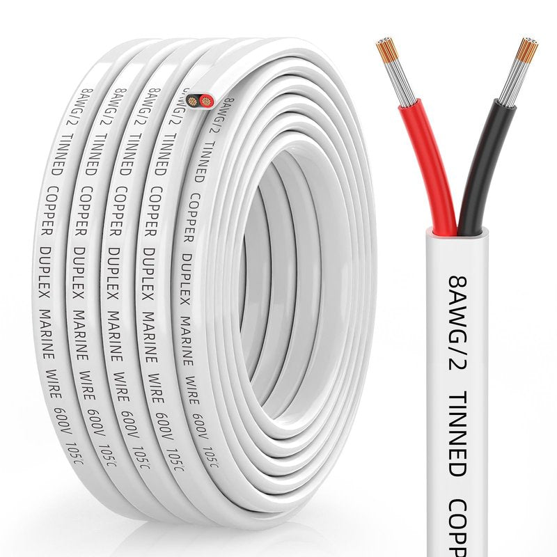 CONEPY 8 Gauge Marine Wire, 8/2 Duplex Marine Grade Cable, IP68 Waterproof/Oxygen-Free Tinned Copper Stranded PVC 8 AWG Wire for Boat, Automotive, RV, Solar, LED Strips (15FT)