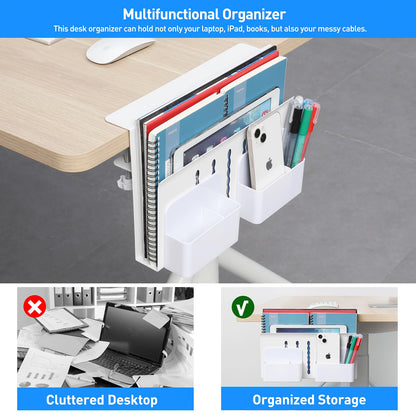 MAXECHO Desk Side Storage, Under Desk Laptop Mount, Table Side Hanging File Organizer, No Drill Clamp On Cable Management Tray, Laptop Holder with Magnetic Pen Holder for Office and Home, Load 22 Lbs