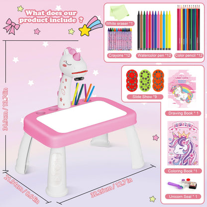 Unicorn Drawing Projector Table Set for Kids Girls Include Unicorn Art Supplies, Pink Doodle Sketcher Table Kit Toddler Tracing and Painting Projection