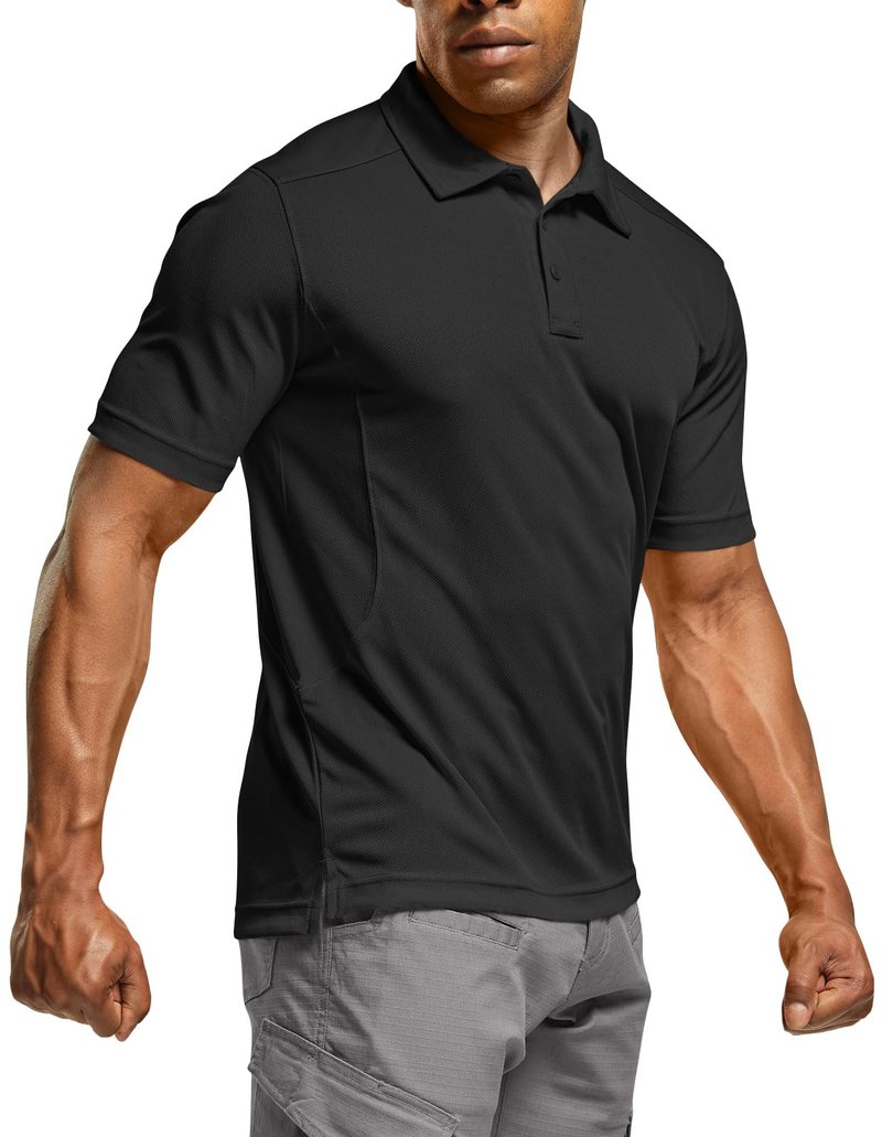 CQR Men's Quick Dry Tactical Polo Shirt, Lightweight Breathable Performance Polo, Short Sleeve UPF 50+ Outdoor Golf Shirt, Frost Essential Black, X-Large