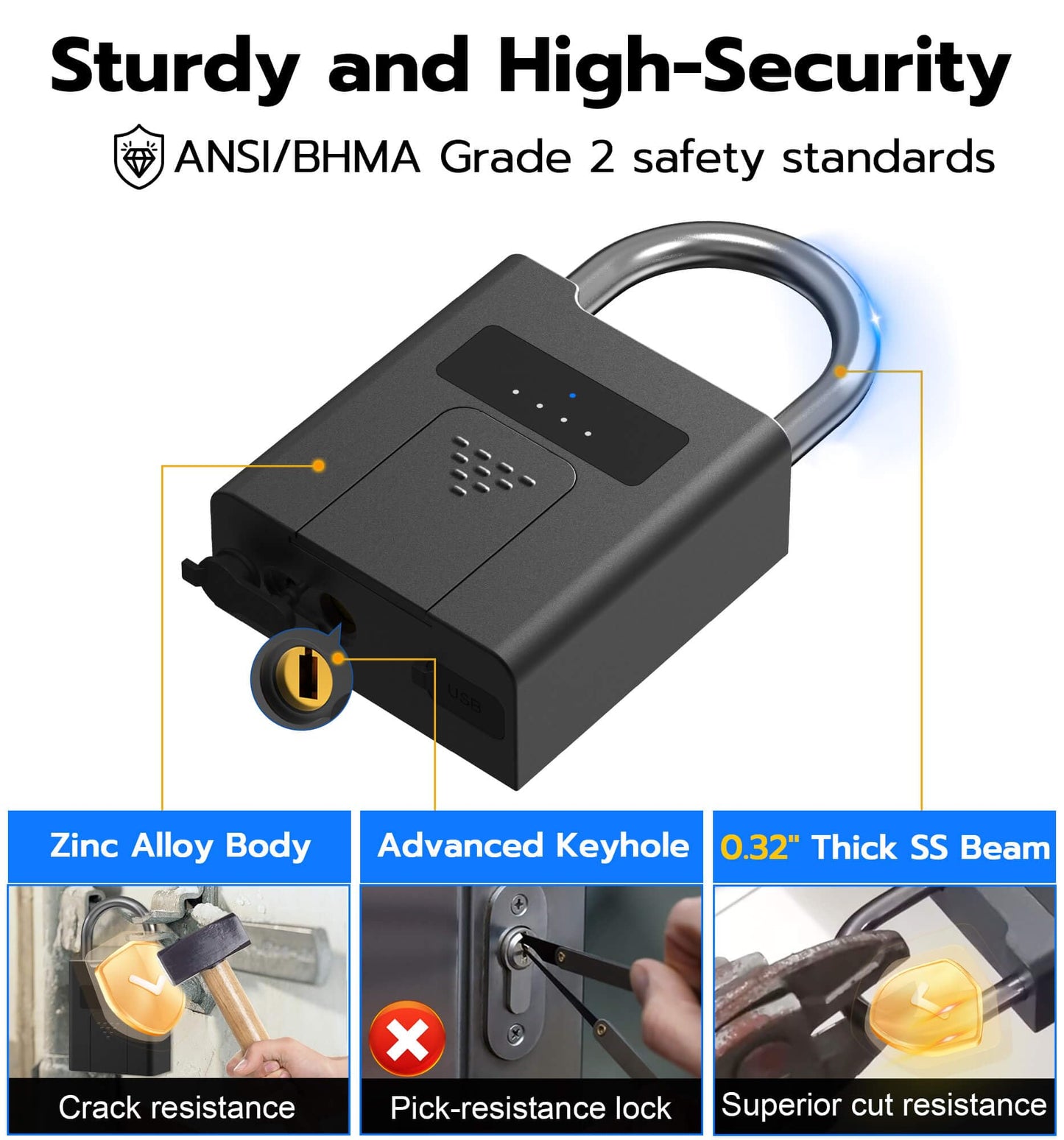 eLinkSmart Fingerprint Padlock with Key Backup, Heavy Duty Weatherproof Bluetooth Biometric Keyless Electronic Digital Smart Pad Lock for Gate Outdoor Fence Gym Locker Pool Shed Storage