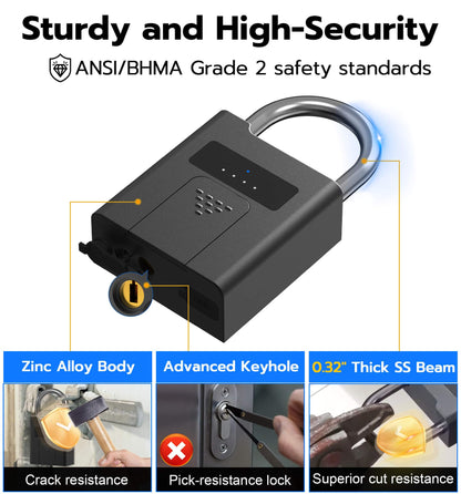 eLinkSmart Fingerprint Padlock with Key Backup, Heavy Duty Weatherproof Bluetooth Biometric Keyless Electronic Digital Smart Pad Lock for Gate Outdoor Fence Gym Locker Pool Shed Storage