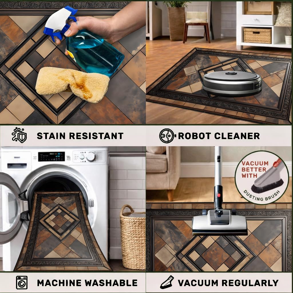 Vintage Geometric Faux Cashmere Non-Slip Rug, 15.7 x 23.6 Inches, Brown Patchwork Accent Mat for Entryway, Bedroom, Bedside, Kitchen and Bathroom Dry Area (Brown)