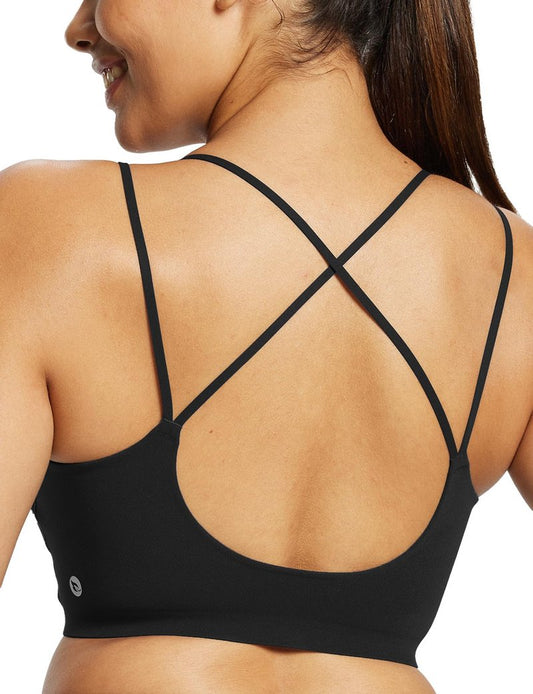 baleaf everleaf Women's Sports Bra Longline Padded Yoga Bra Low Impact Strap Workout Crop Tank Tops Black Black L-XL