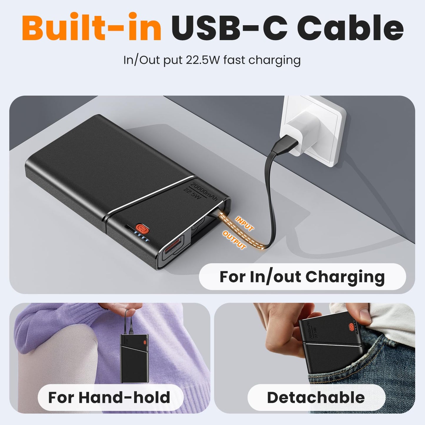 Portable Charger Power Bank, 10000mAh 22.5W PD Super Fast Charging Powerbank with Built-in USB C in&Out Cable, Slim External Phone Battery Pack for iPhone 17/16/15 iPad Samsung S24 Android etc