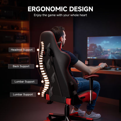 GTRACING Gaming Chair with Reclining Backrest, Adjustable Height and Swivel Base, Ergonomic Computer Chair with Headrest and Lumbar Support (Red)