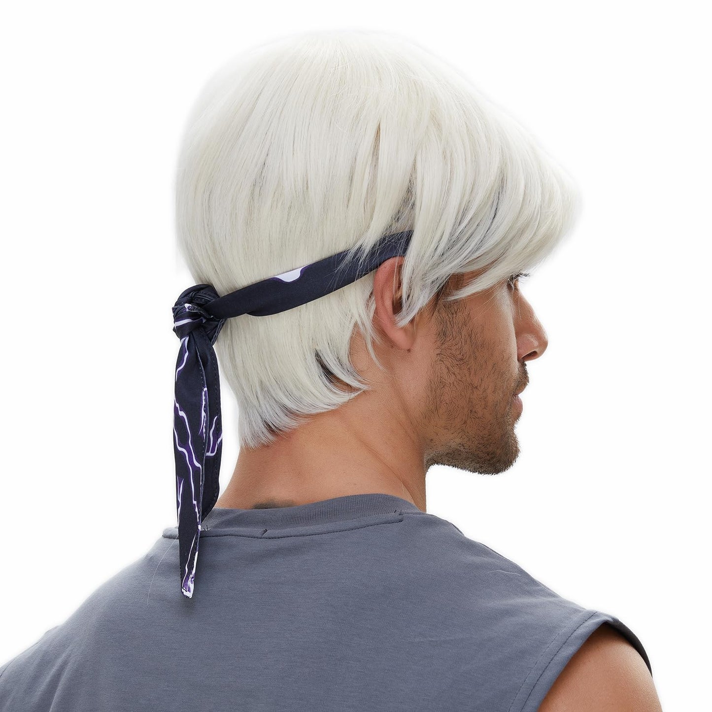 STfantasy Short Platinum White Men Wigs with Bangs Straight Layer Mens Wig+Sunglasses+Headscarf for Man Male Costume Halloween Cosplay Anime Party White Blond Wig Men