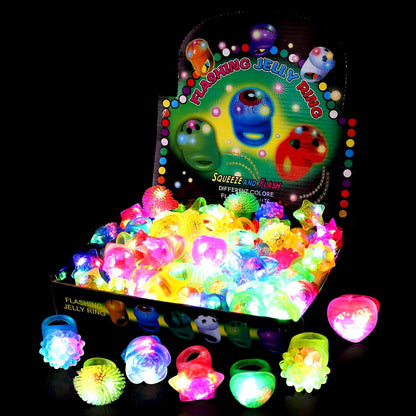 Sauyoza 38 Pack Light Up Rings Halloween Party Favors for Kids 4-8 8-12, Goodie Bags Stuffers Treasure Box Toys for Classroom Prizes, Birthday Glow in The Dark Party Supplies Favors for Kids