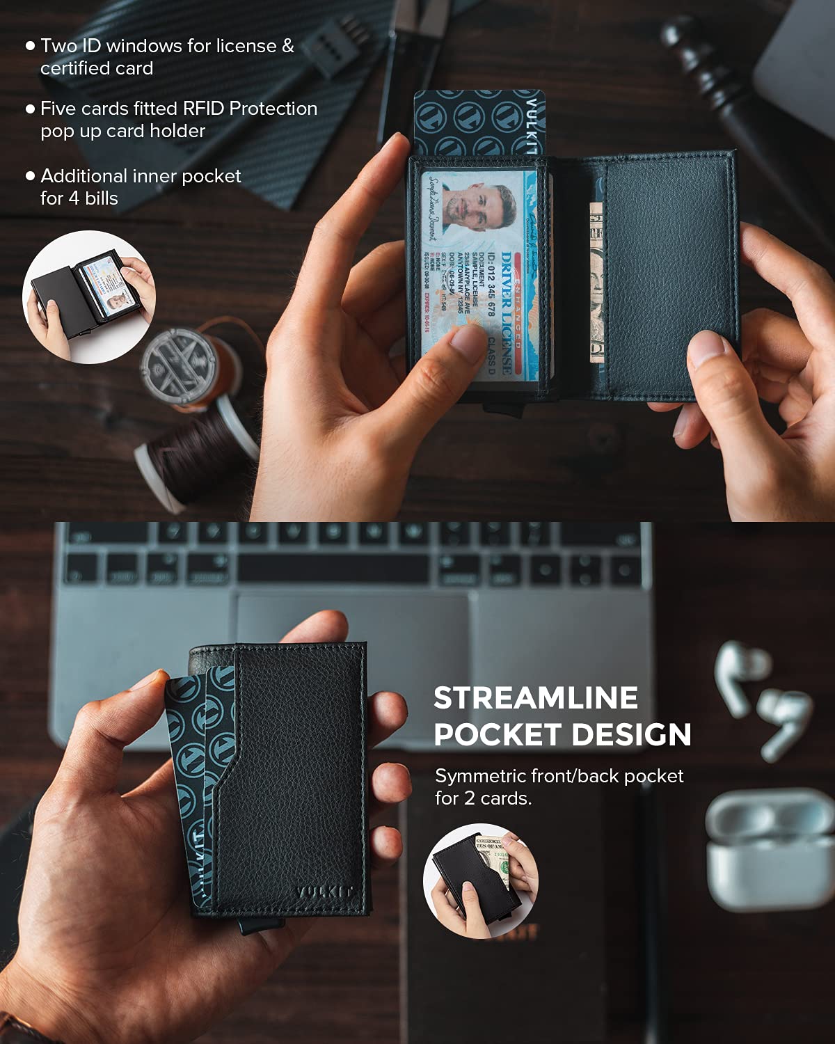 VULKIT Credit Card Holder with Double ID Window Leather Passcase Wallet RFID Blocking Automatic Pop Up Card Wallet for Cards & Notes