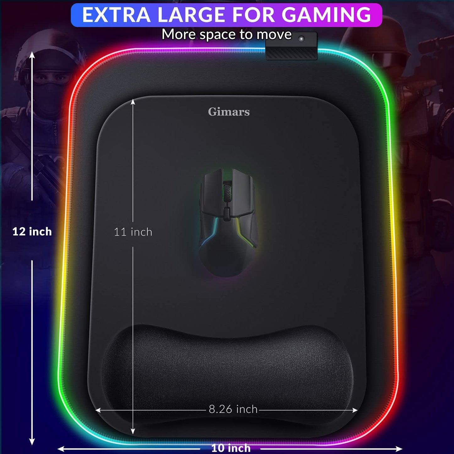Gimars RGB Mouse Pad with Wrist Rest Support,12 x 10 inch Extra Large Ergonomic Gaming Mouse Pad with 10 LED Lighting Modes, Non-Slip Rubber Base, Lycra Fabric for Laptop, Computer, PC Gaming & Office