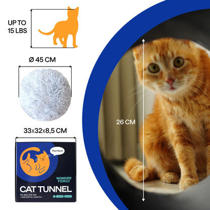 Cat Tunnel Bed with Cat Toys for Bored Indoor Adult Cats – Includes 1 Laser Paw, 1 Ball, and 2 Hollow Tunnels to Form Big Donut Shaped Tube - Can Be Used as Peekabo Cave or Comfy Pet Bed