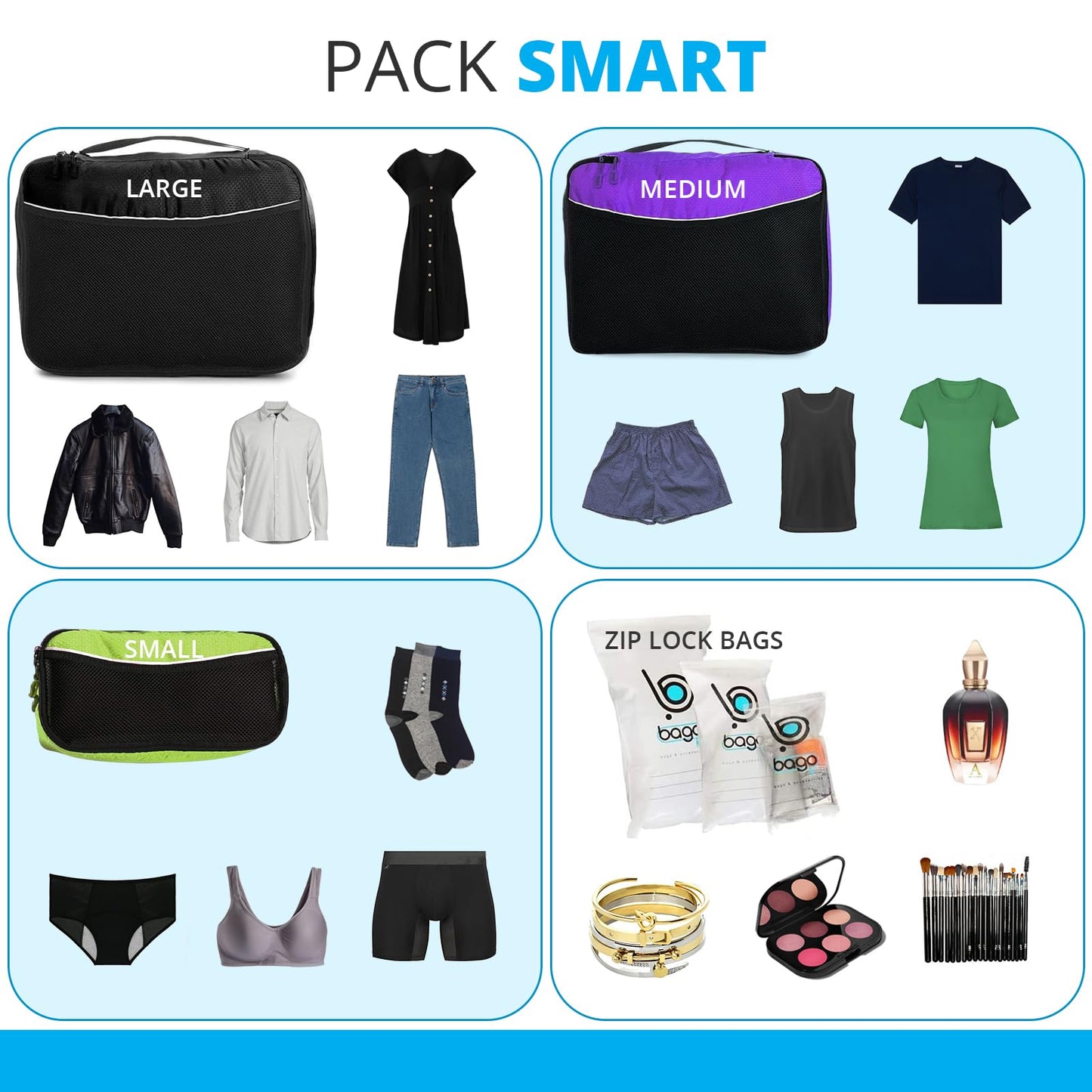 bago 8 Pcs Packing Cubes For Travel - 5 Packing Cube with 3 ZipLock Bags - Travel Cubes to Get Maximum Storage, Save Time & Effort to Pack - Happy Traveling (BlackBluePurpGreenPink)