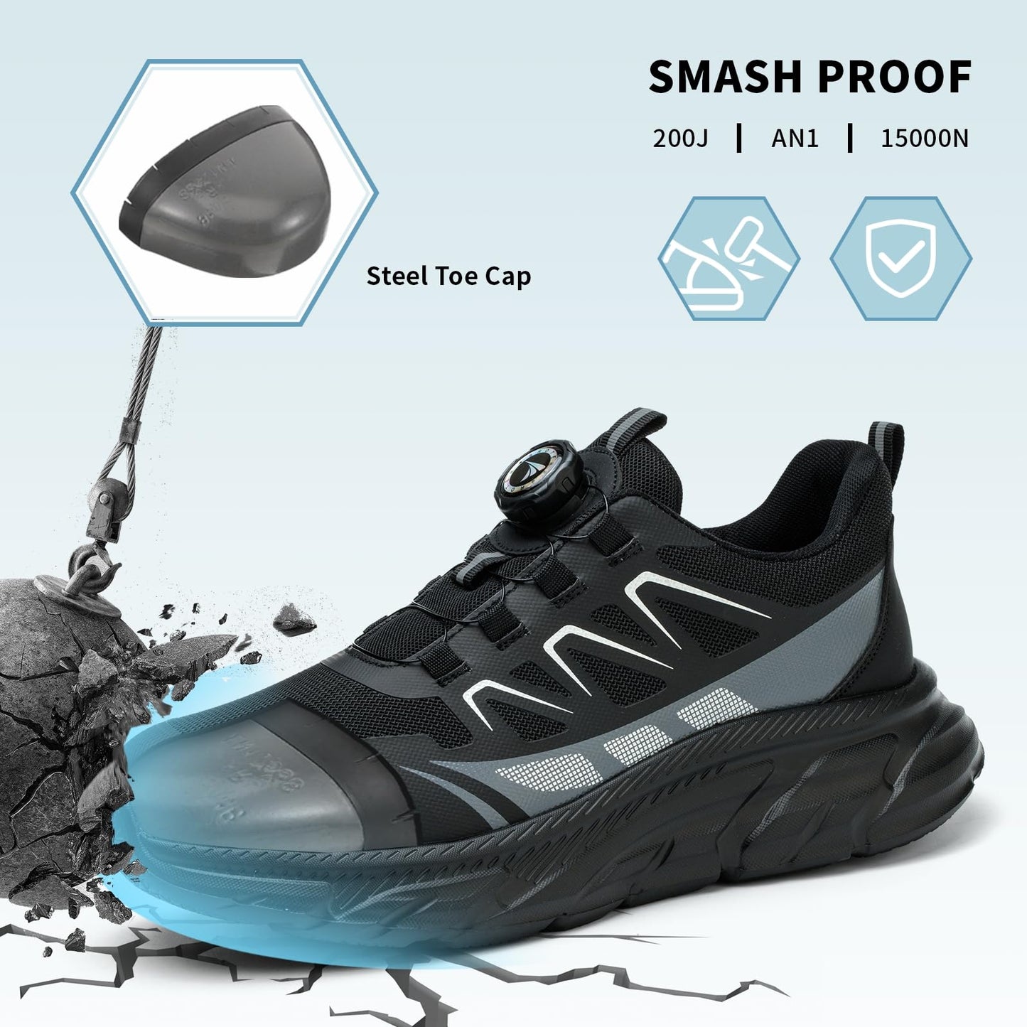 Safety Trainers Men Women Steel Toe Cap Trainers Lightweight Work Safety Shoes Breathable Non Slip Steel Toe Cap Boots Swivel Buckle Shoelaces, Black, 9 UK