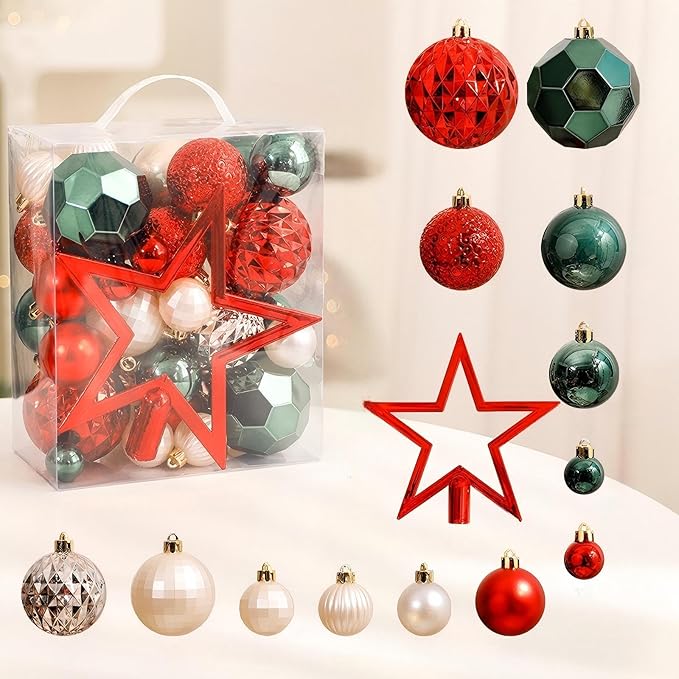 50 PCS Christmas Ball Ornaments Set, Classic Red Green Golden White Decorations, Mixed Shapes & Finishes, All-in-One Tree Decorating Kit, Gift & Home Holiday Decor