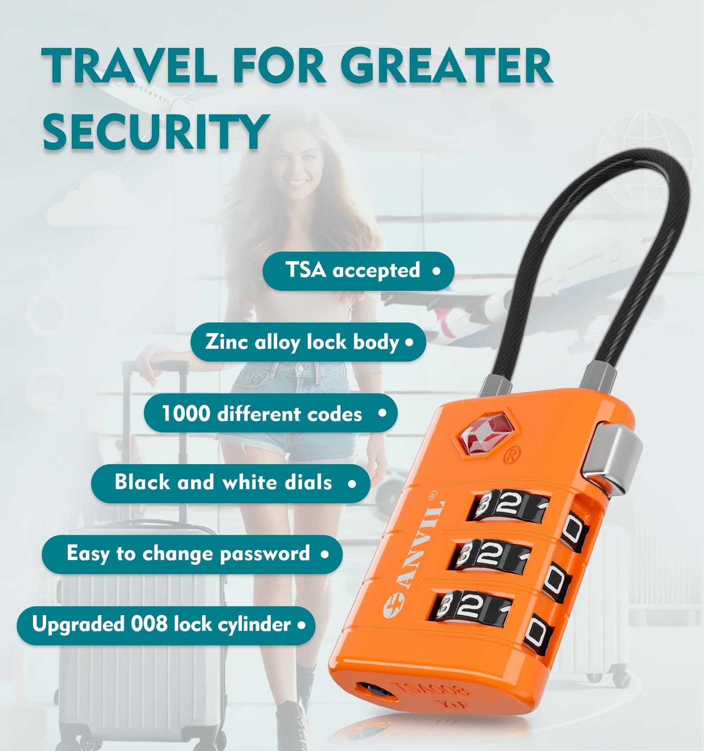 ANVIL Luggage Locks - TSA Approved, Advanced Core, Alert Indicator. Great Suitcase & Backpack Lock for Travel & Daily Use (2, Orange)