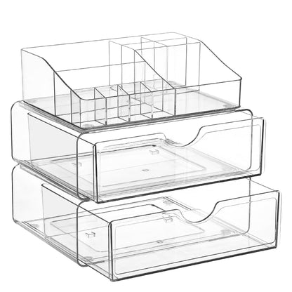 Vtopmart 3 Tier Clear Makeup Organizer with Drawer, Cosmetic Storage for Dresser Countertop and Bathroom Vanity, Beauty Holder for Lipstick Brush Skincare