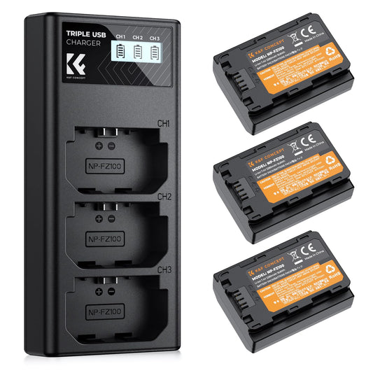 K&F Concept 3-Pack NP-FZ100 Battery and Upgraded LCD Battery Charger Compatible with Sony A7iii, A7iv, A7C, FX3, FX30, A9, A6600, A6700, ZV-E1, ZV-E10ii, Alpha 9, A9S, A7R III, A7R IV, A7RV, 2280mAh