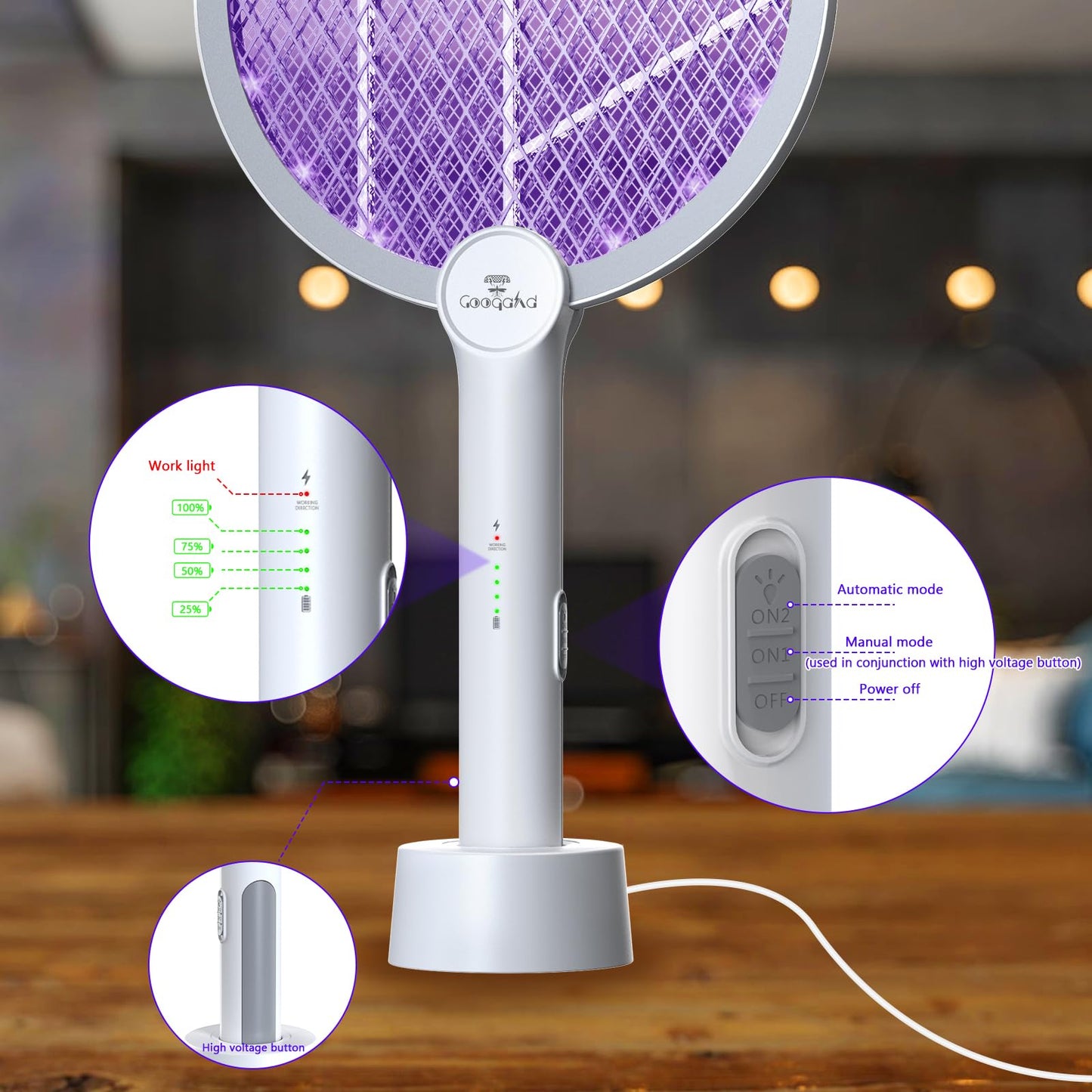 Gooqand Bug Zapper Racket, 2 in 1 Electric Fly Swatter with USB Rechargeable, 4000V Fly Zapper with 3 Layer Safety Mesh, Fly Racket for Indoor, Outdoor