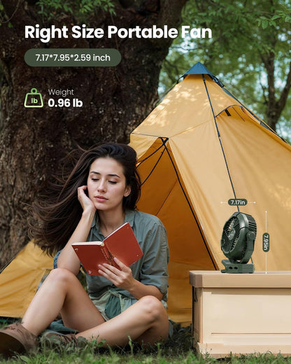 Gaiatop Portable Camping Fan with LED Lantern, 360°Rotation and Clip on for Desk, 4000mAh USB Rechargeable Battery Powered, Digital Display and Hanging Hook for Tent Outdoor Travel Bedroom Green