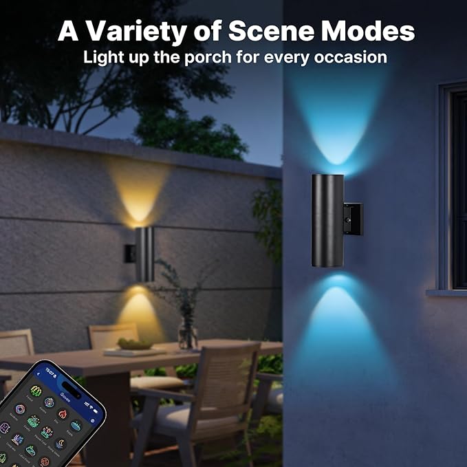 RGBCW Outdoor Wall Light 2 Pack, Smart Porch Light Dusk to Dawn Lighting with Remote Control, WiFi Outdoor Wall Sconce, Compatible with Alexa, Exterior Lights for House Porch Garage