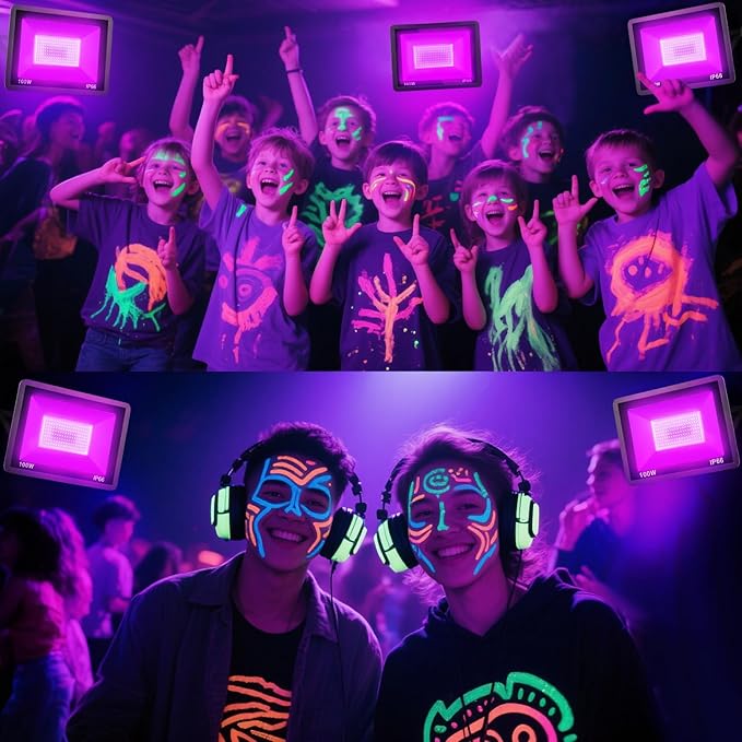 100W Black Light, 2Pack Indoor Outdoor Blacklight with Plug and Switch, Ip66 Waterproof, 365 NM UV Light for Glow Neon Party, Body Painting, Fluorescent Tapestry