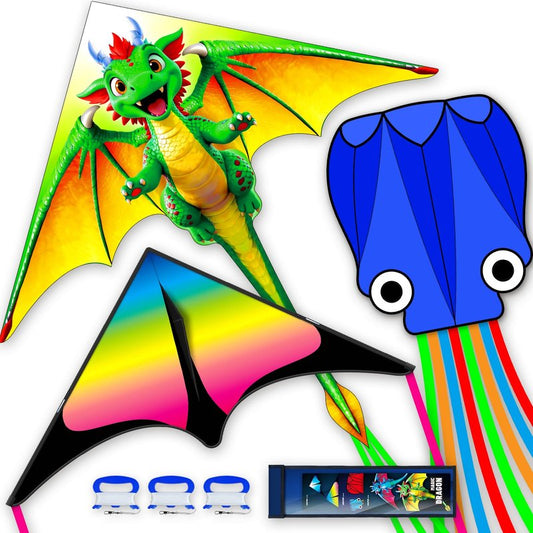 SGftre 3 Piece Set Butterfly Delta Octopus Kites for Kids and Adults，Easy to Fly for Outdoor Adults Children Line Kite for Kids Toy (Green Dragon+ Delta+Octopus Blue, 3)