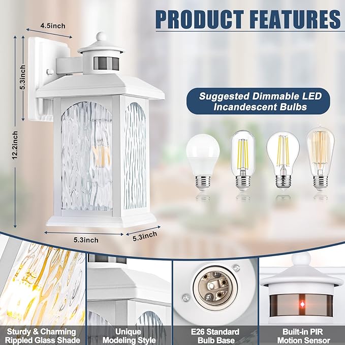 Advanced Motion Sensor Outdoor Lights 2 Packs - White Dusk to Dawn Outdoor Lighting, Anti-Rust Exterior Light Wall Mount Fixtures, Waterproof Porch Outside Lights Wall Sconce for House, Garage