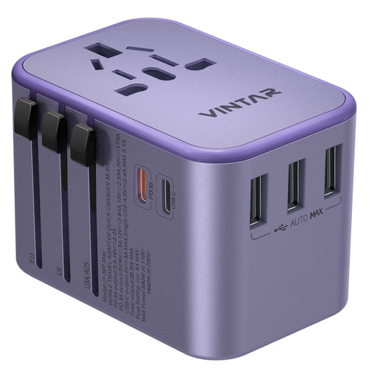 Universal Travel Adapter, VINTAR 35.5W International Power Adapter with 3 USB A QC and 2 USB C PD, All in One Plug Adapter Worldwide Travel Essentials for EU/UK/USA/AUS(Type C/G/A/I), Purple