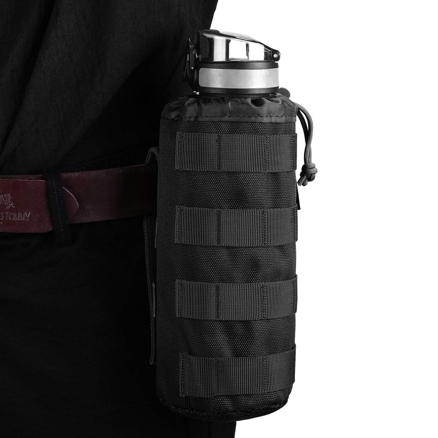 Gonex Tactical Military MOLLE Water Bottle Pouch, Drawstring Open Top & Mesh Bottom Travel Water Bottle Bag Tactical Hydration Carrier Black
