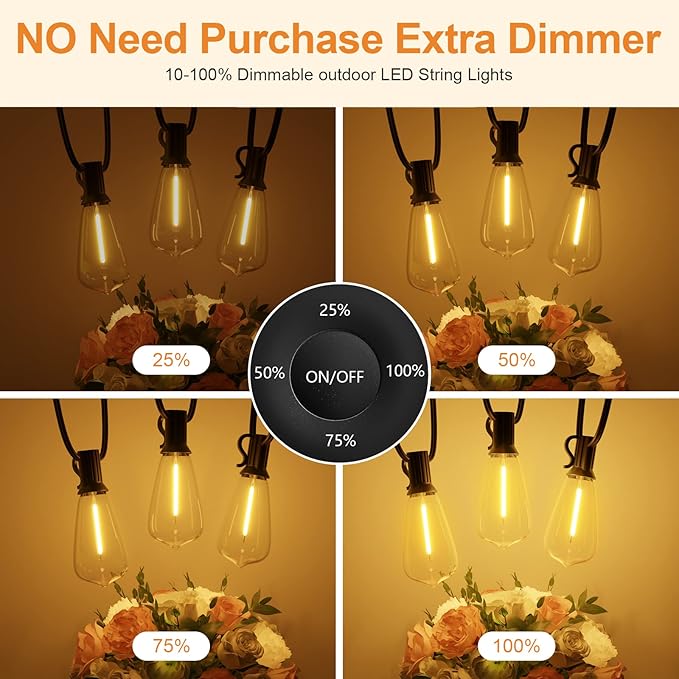 50FT Outdoor String Lights with Remote, Garden Patio Decor with 2500K Warm White, 25+1 LED Edison Bulbs, Support Timer Dimmable Waterproof Shatterproof for Yard Outside Porch Deck Indoor