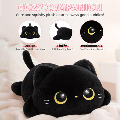 Mewaii Black Cat Plush Pillow - Cute Cat Plushie Body Pillow, Soft Kawaii Plush Toy for Cuddling, Napping & Room Decor - 13 Inch Stuffed Animal Gifts for Women, Girls, Kids