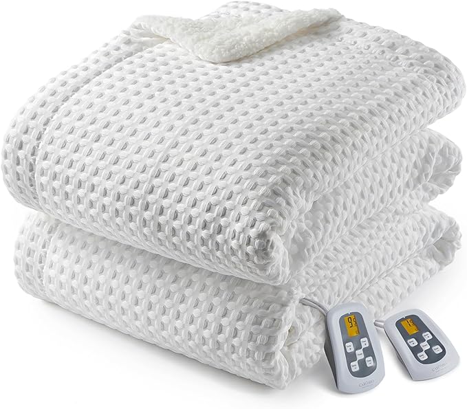 CAROMIO Heated Blanket King Size with LCD Dual Controller, Waffle Weave Fast Heating Electric Blankets, 10 Heat Levels & 1-12H Time Settings, ETL Certified, Machine Washable, Off White, 100" x 90"