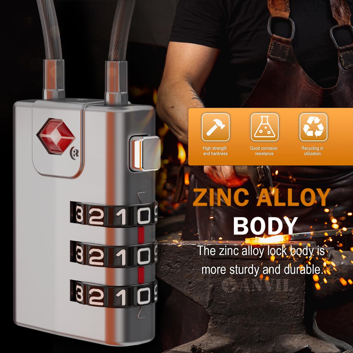 ANVIL TSA Approved Cable Luggage Locks 3 Digit Combination Padlock with Zinc Alloy Steel Cable Lock Ideal for Travel Suitcase, Backpack, Lockers,Case,Toolbox (2, Pink)