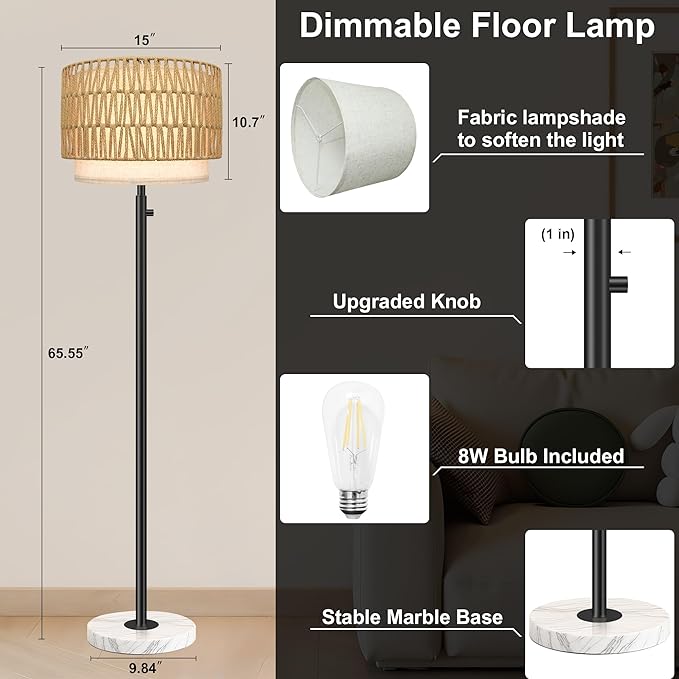 Floor Lamp for Bedroom,Rattan Floor Lamp,Modern Standing Lamp with Marble Base,Dimmable Standing Lamp for Bedroom, Reading,Office & Kids' Room,LED Bulb Included(Rattan)