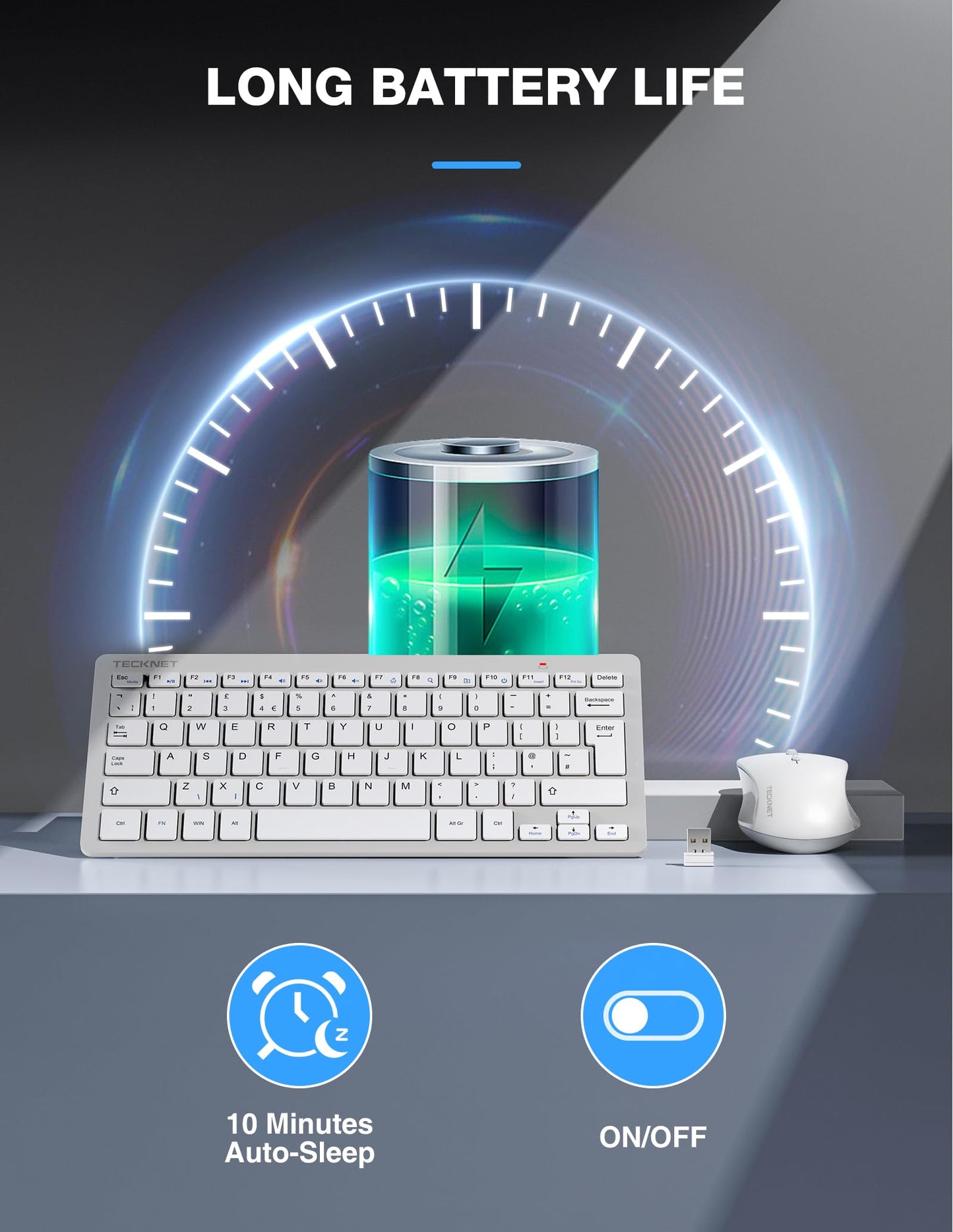 TECKNET Mini Wireless Keyboard and Mouse Set, 2.4G Cordless USB Keyboard and Silent Mouse Comb with Nano USB Receiver, 12 Multimedia Shortcuts for Computer, PC, Laptop, Desktop (Silver)