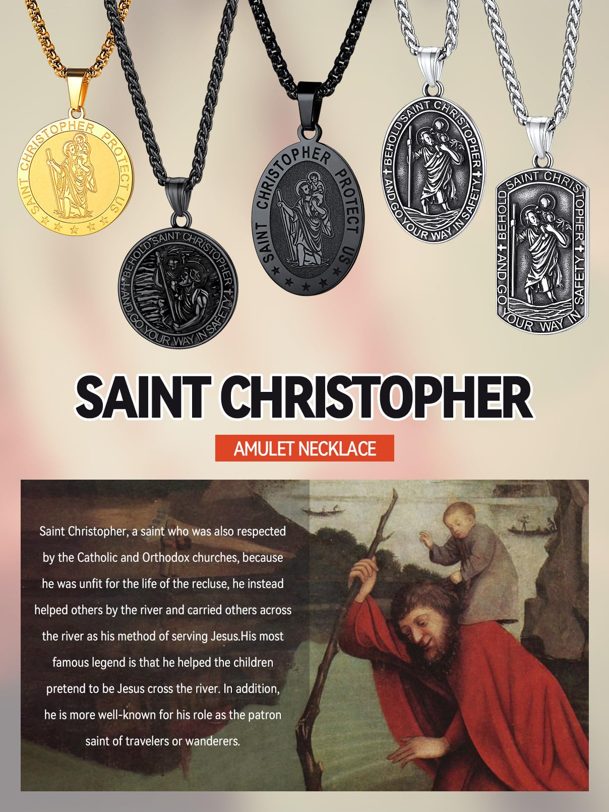 FaithHeart St Christopher Necklace for Men Protective Jewellery Childrens Saint Christopher Pendant with Sturdy Chain Stainless Steel Catholic Necklaces Womens Gifts for Birthday