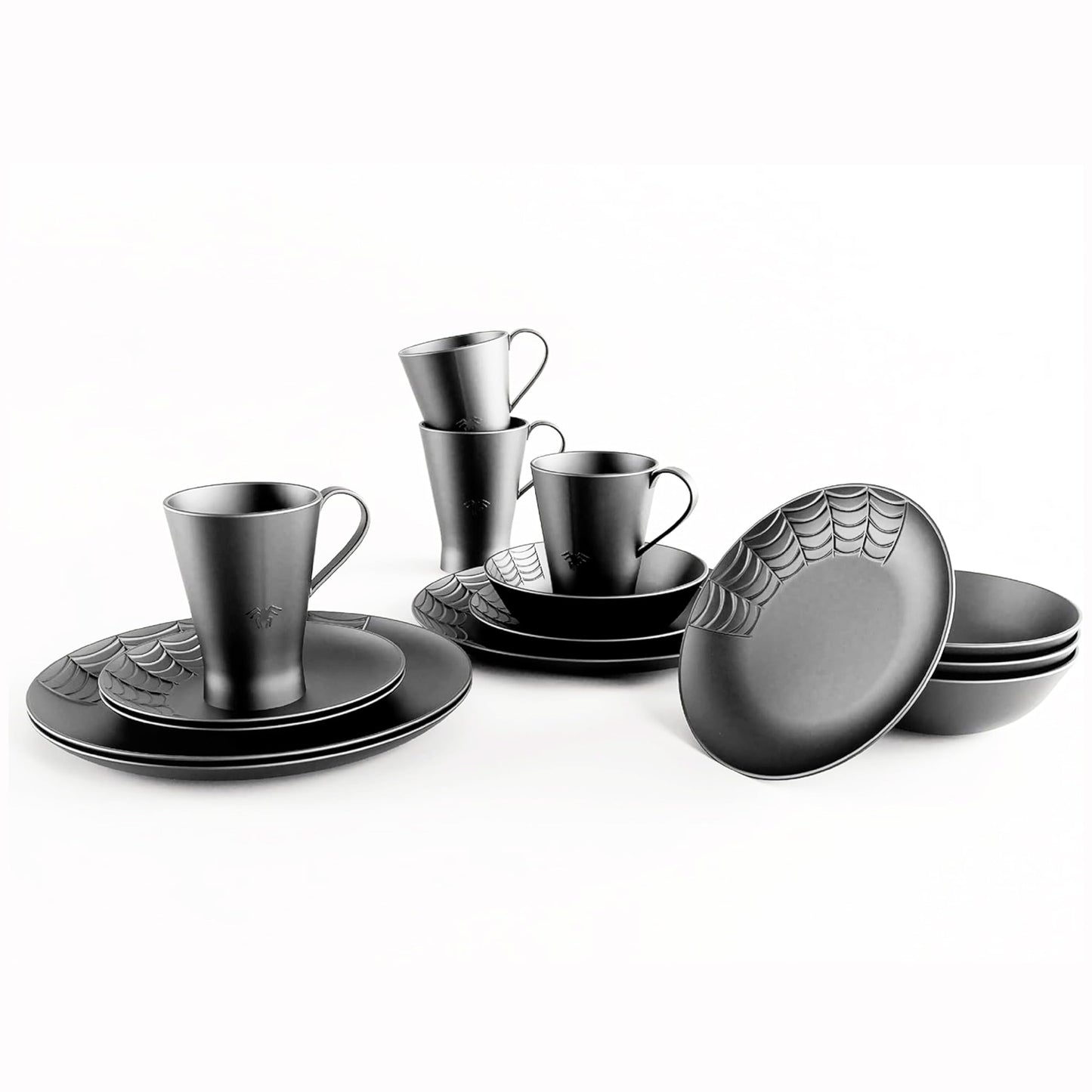 Nomnu Spiderweb Dinnerware Set (16 Pieces) - Goth Dinnerware Set - Black Matte Porcelain - 4 Dinner Plates 4 Salad Plates 4 Bowls 4 Mugs - Halloween Spooky Dishes Gothic Kitchen Decor Gifts